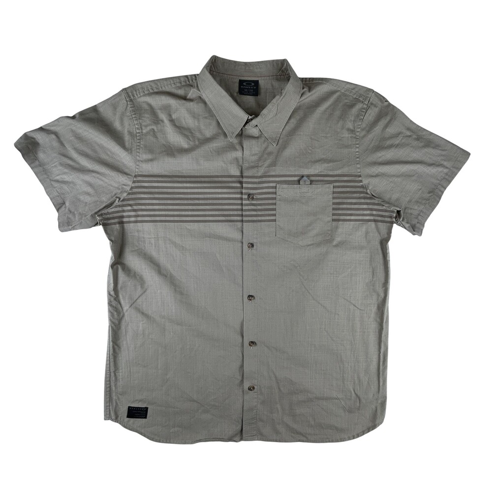 Oakley Shirt Mens XL Tan Short Sleeve Button Up Stripe Cotton Casual Outdoor Top